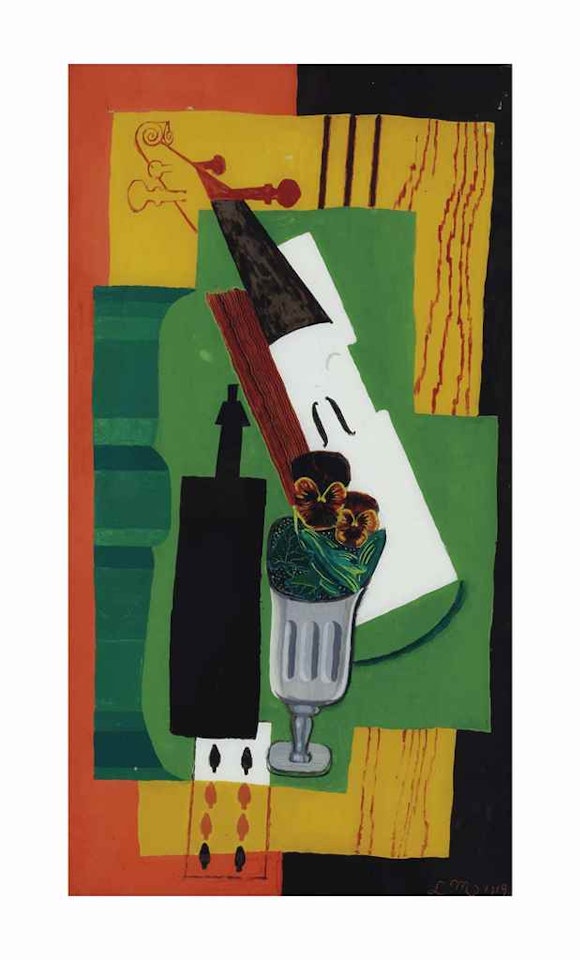 Violon, bouteille, fleurs dans un verre et huit de pique by Louis Marcoussis