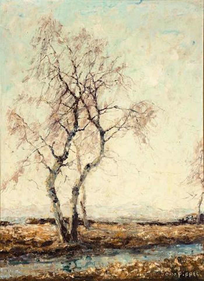 Frühlingslandschaft mit Bachlauf, Birke und fernem Horizont by Otto Pippel