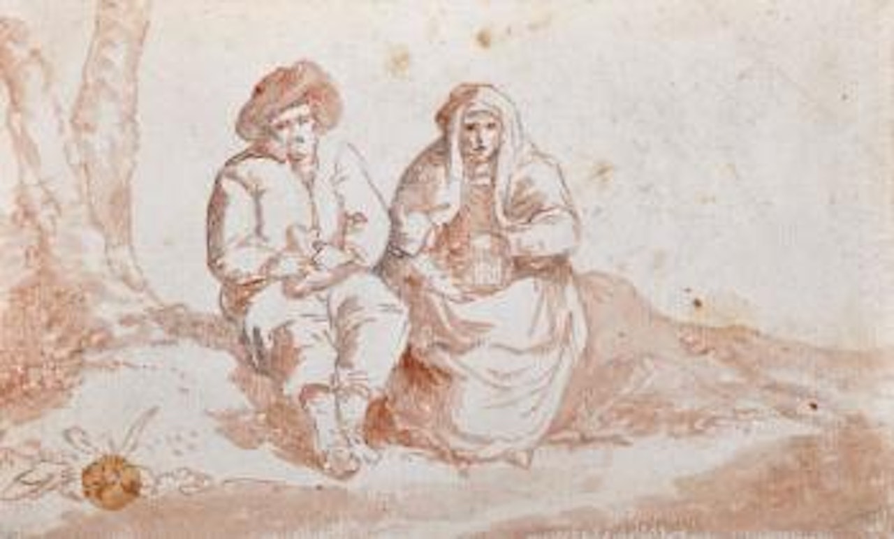Study for a figurine; Two seated figures in a landscape , by Salvator Rosa