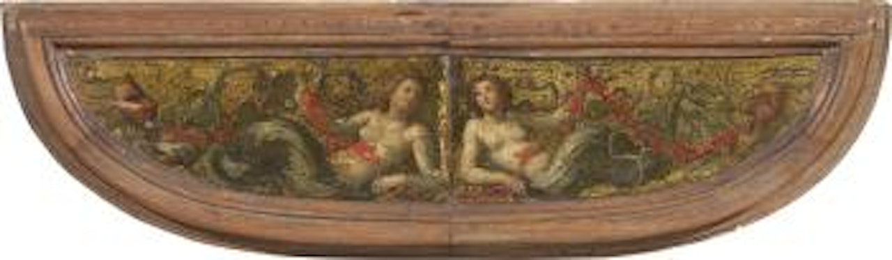 Coppia di frontoni di spinetta raffiguranti sirene con decorazione a mascheroni by Sebastiano Filippi