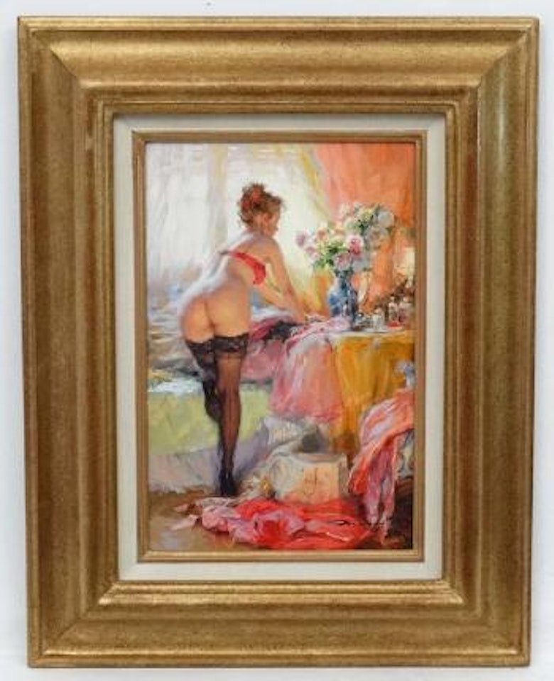 Interior scene with a girl undressing by Constantin Razoumov