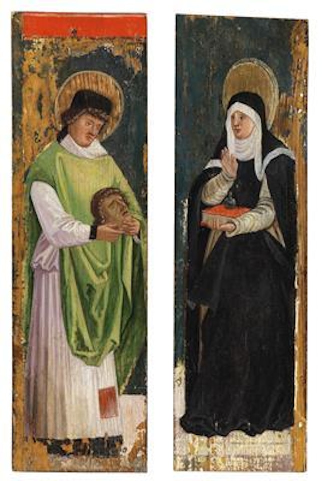 A martyr saint, holding a severed head in his hands (Saint Alban?) and a saint with a book and a glass by German School