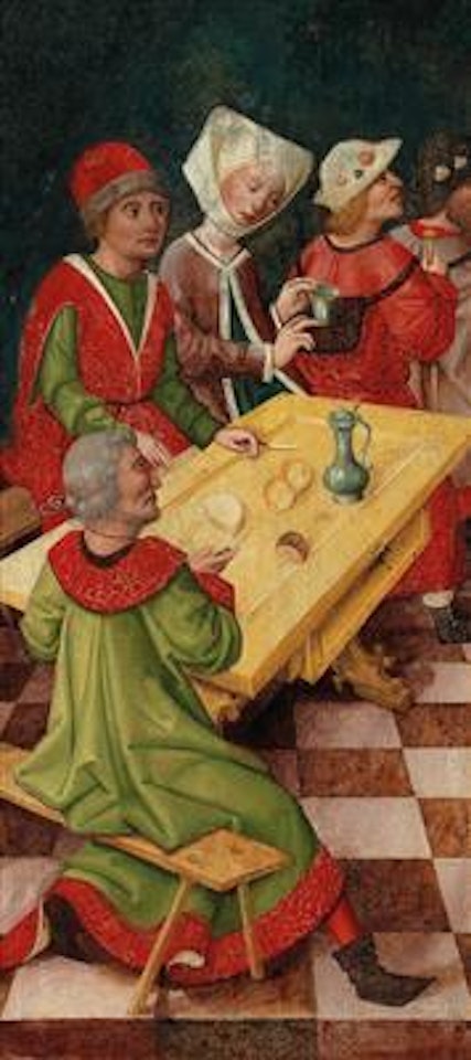 Two scenes from the legend of Saint James 1) Jacobean pilgrims sitting at dinner 2) The chicken miracle by German School