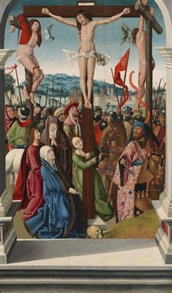 Triptych: The Crucifixion "with throng" , left wing: a lavishly clad bishop saint, right wing: Saint George and the Dragon by Flemish School
