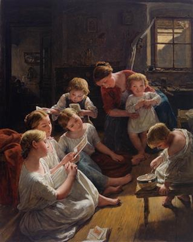 Children in the morning looking at pictures by Ferdinand Georg Waldmüller