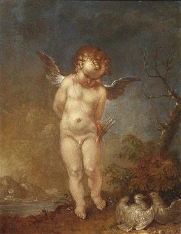 A pensive Cupid observing a pair of doves by Januarius Johann Rasso Zick