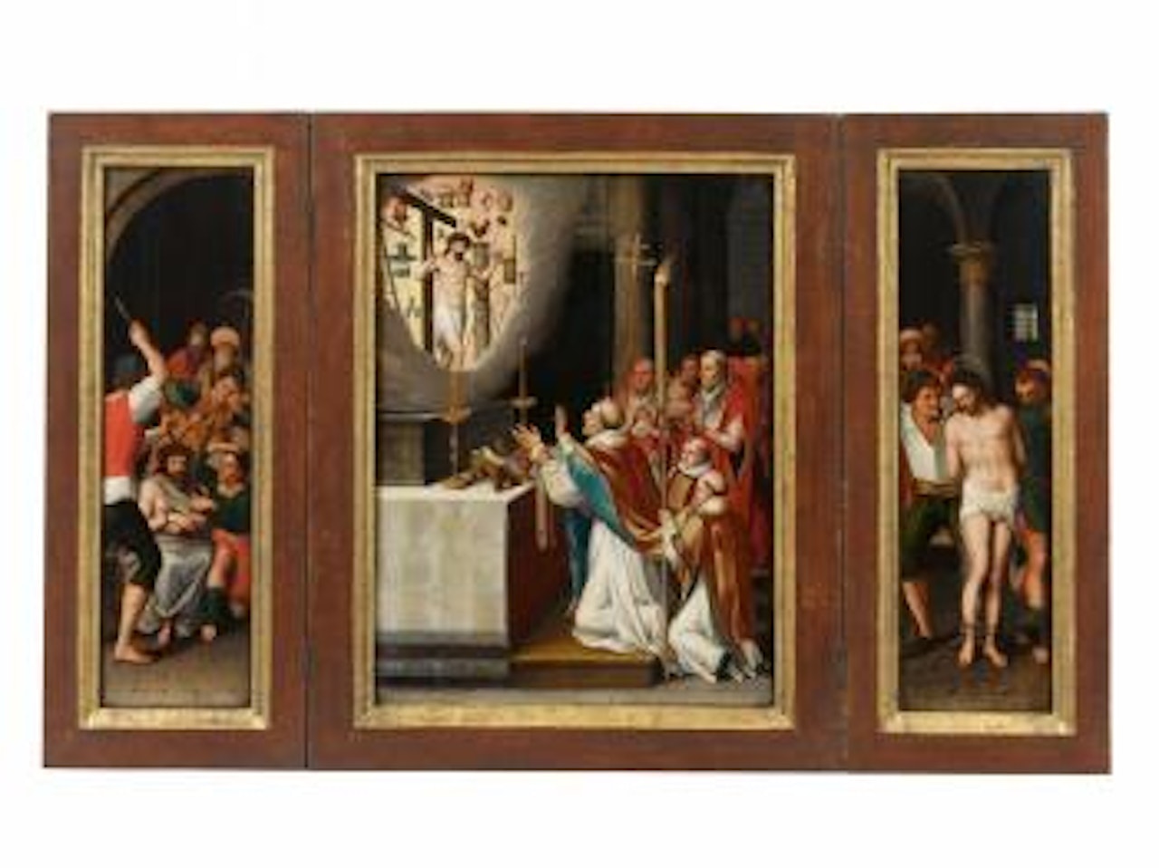 Altarpiece with the mass of St. Gregory, Christ crowned with thorns, and Christ at the column ,
Circa
1577 by Flemish School