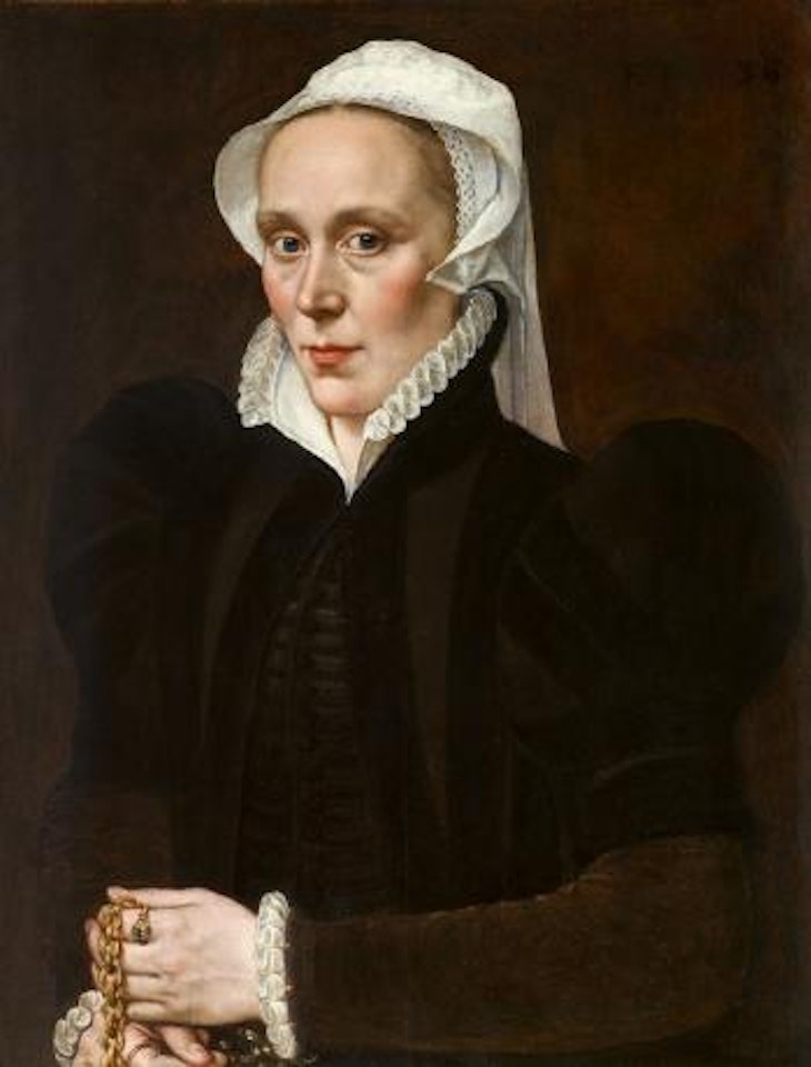 Portrait of a lady holding a gold necklace by Adriaen Thomas Key