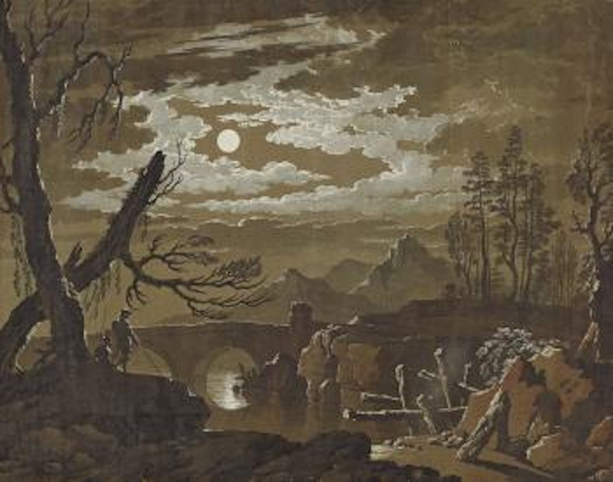 Moonlit landscape with fishermen by Pietro IL Vecchio Palmieri