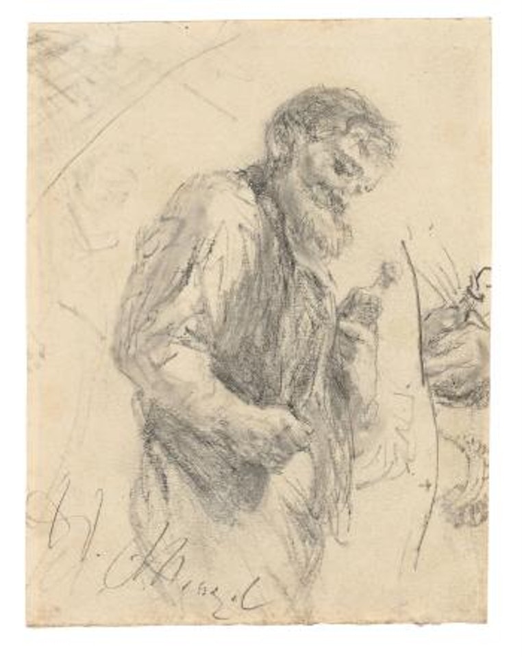 Bärtiger Mann nach Rechts mit einer Flasche in der Rechten Hand sowie mit Details zu Dieser Hand by Adolph Menzel