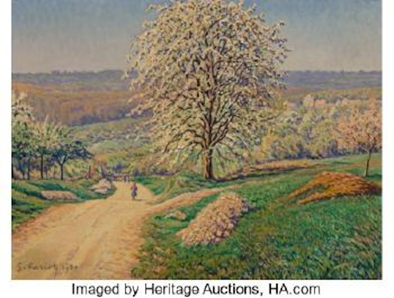 An extensive landscape with a figure walking on a road by Gustave Cariot