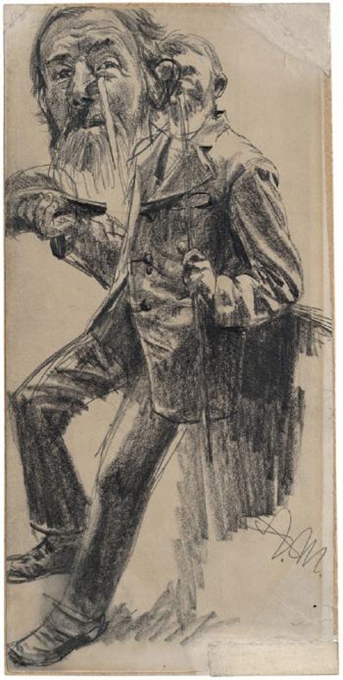 Studie eines angelehnt stehenden Mannes mit Gehstock, oben eine vergrößerte Detailstudie des Gesichtes by Adolph Menzel