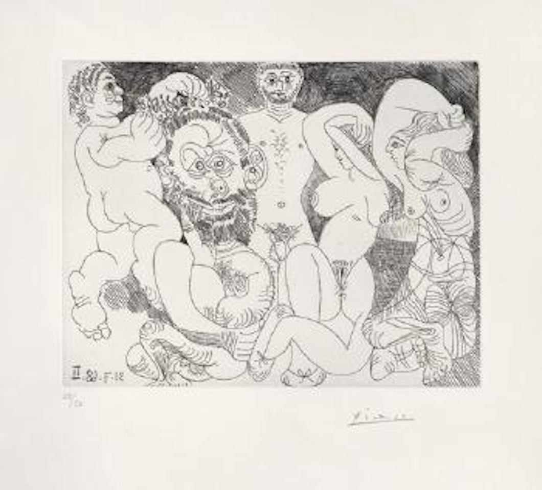 Scène champêtre, avec Barbu couronné de Fleurs par un Putto, et Femmes ,
1968 by Pablo Picasso