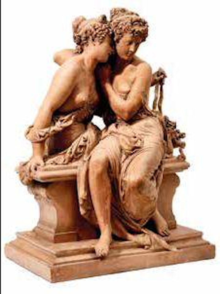 La Confidence: deux femmes coiffées d'un chignon tressé et d'un chignon assises sur un banc, l'une tenant un panier de fleurs , by Albert-Ernest Carrier-Belleuse