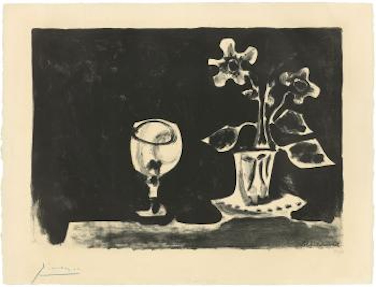 Nature morte au verre et fleurs ,
1947 by Pablo Picasso