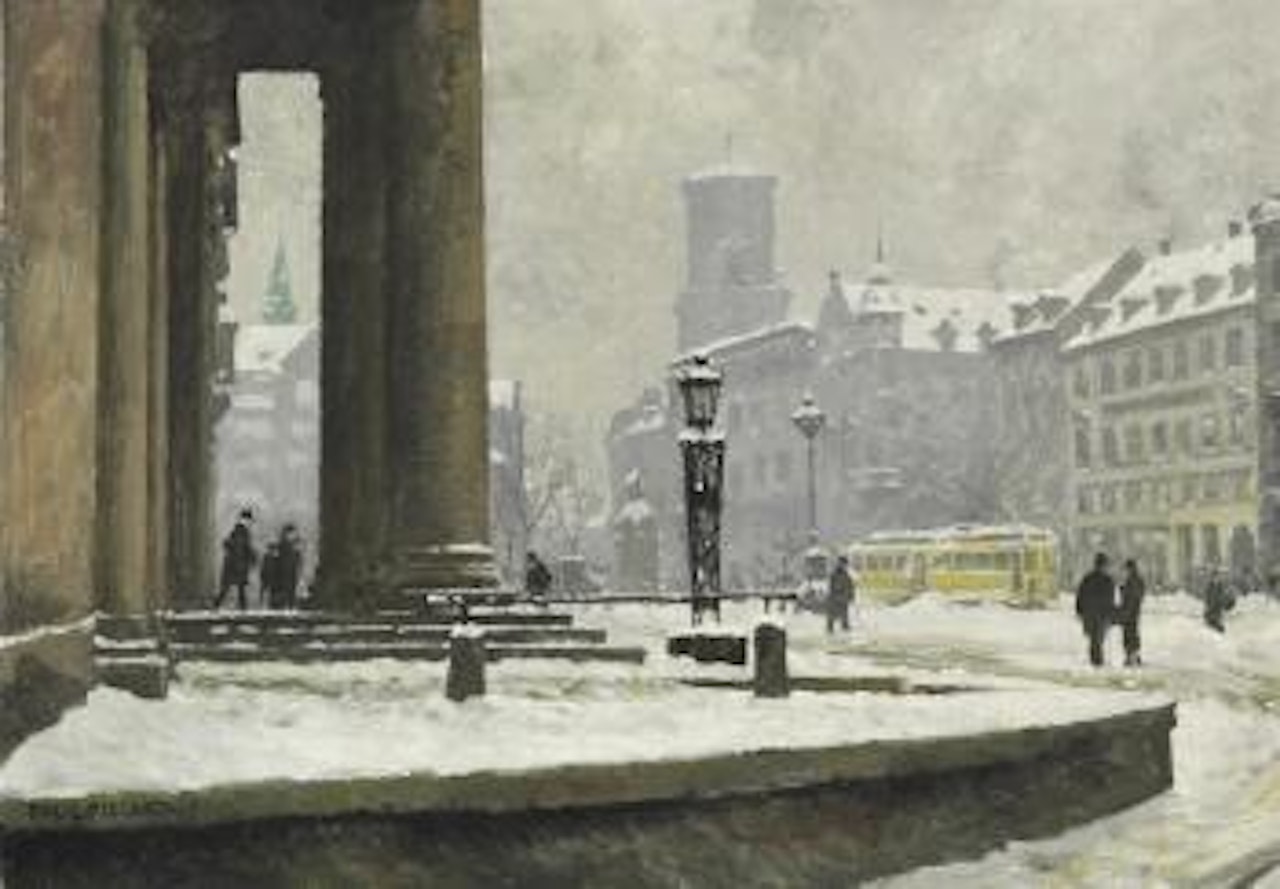The columns outside Domhuset (Copenhagen City Court) at Nytorv on a winter day by Paul Fischer