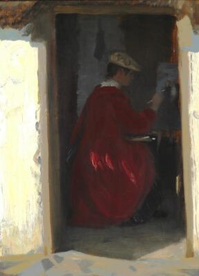 "Interiør i Ravello med Kunstnerens Hustru malende". Interior with the artist's wife painting, Ravello. by Peder Severin Kröyer