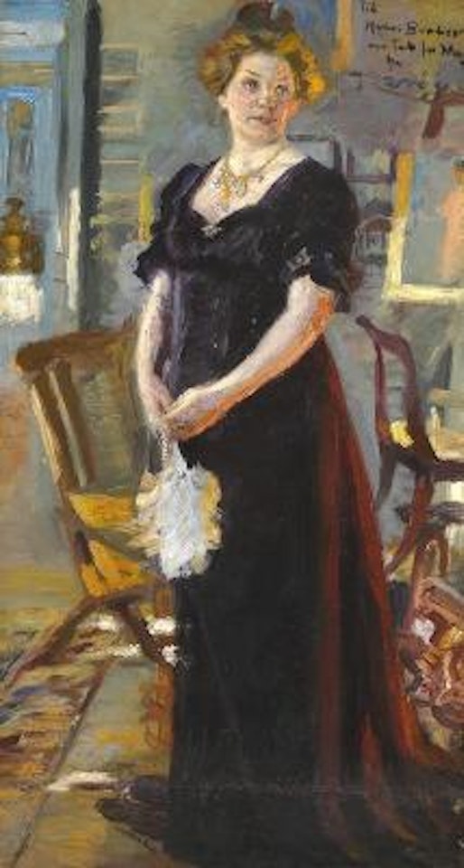"Fru Henny Brodersen i lilla Fløjlskjole med Vifte staaende foran en Kamin". Mrs Henny Brodersen in a purple dress with a fan standing in front of the fireplace. by Peder Severin Kröyer