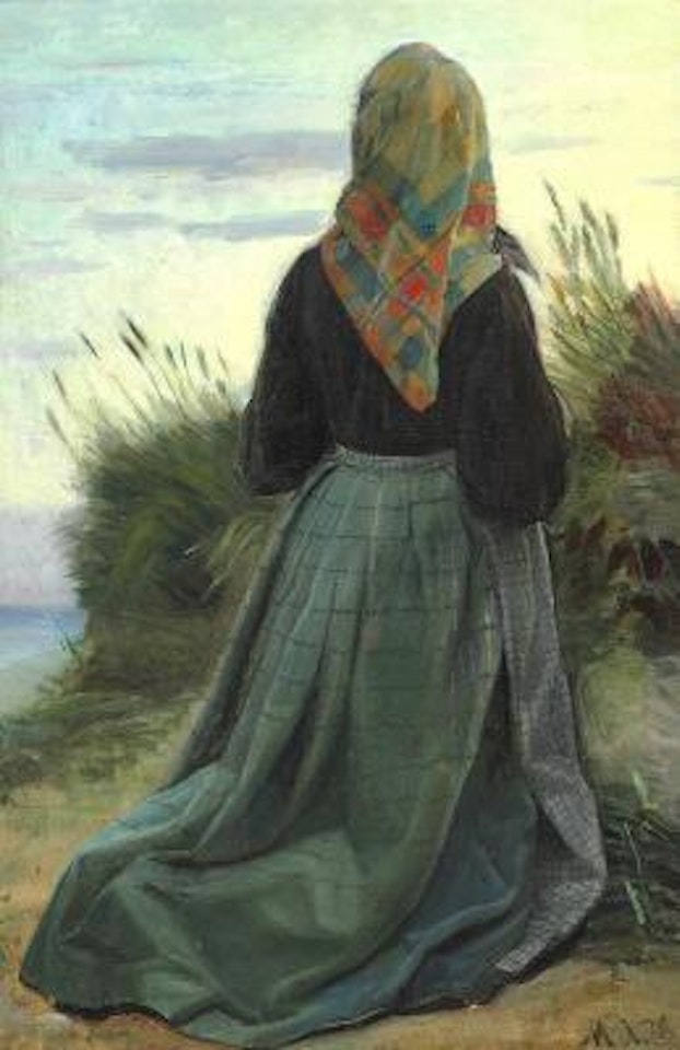 Young girl kneeling on the beach. A study for "Fiskerpiger, der en Sommeraften ere samlede paa Sladrebakken" (Fishermen's daughters gathered a summer evening at Sladrebakken) by Michael Ancher