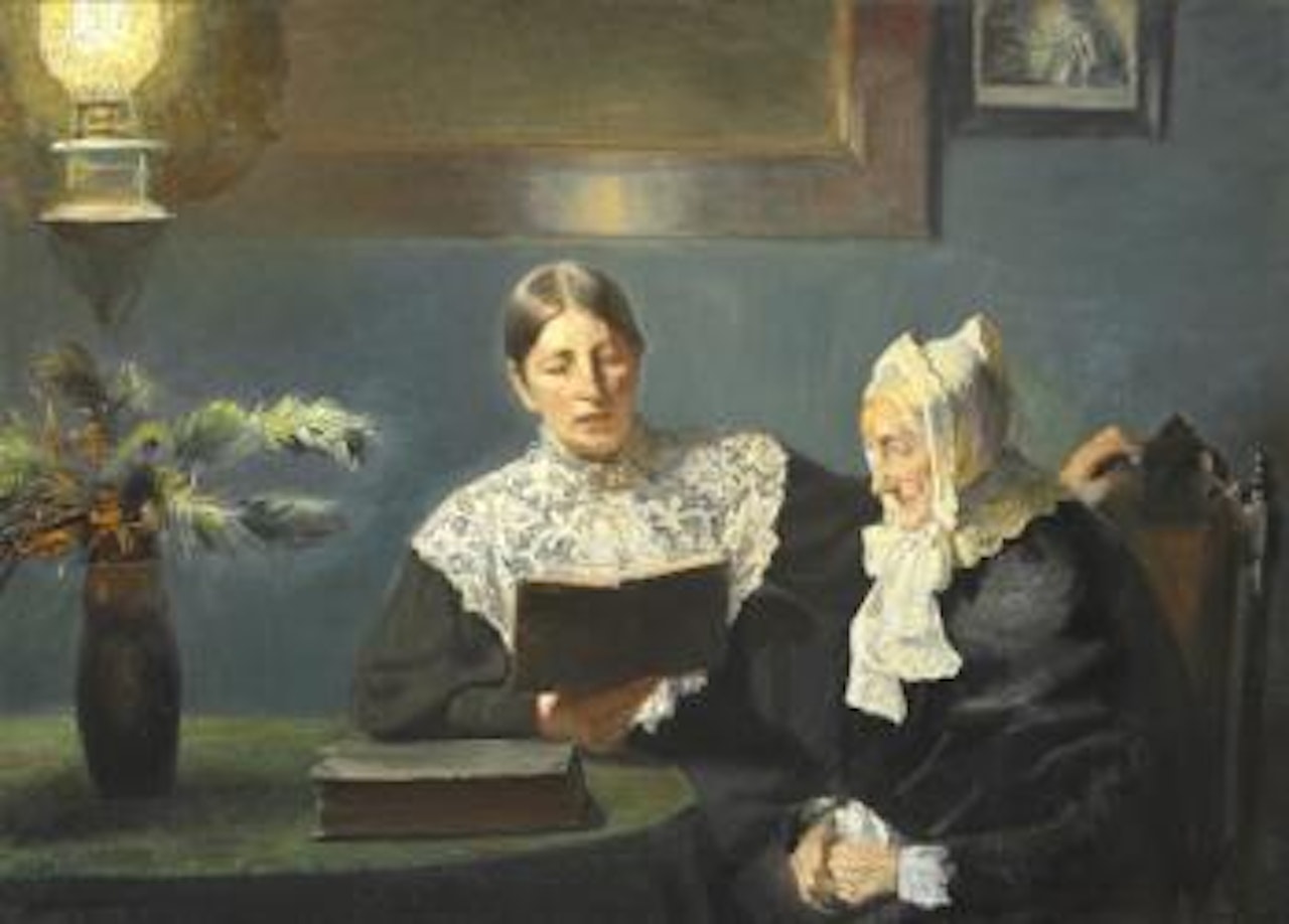 "Interiør med Anna Ancher der læser højt for sin Moder fru Brøndum". Interior with Anna Ancher reading to her mother Mrs Brøndum by Michael Ancher