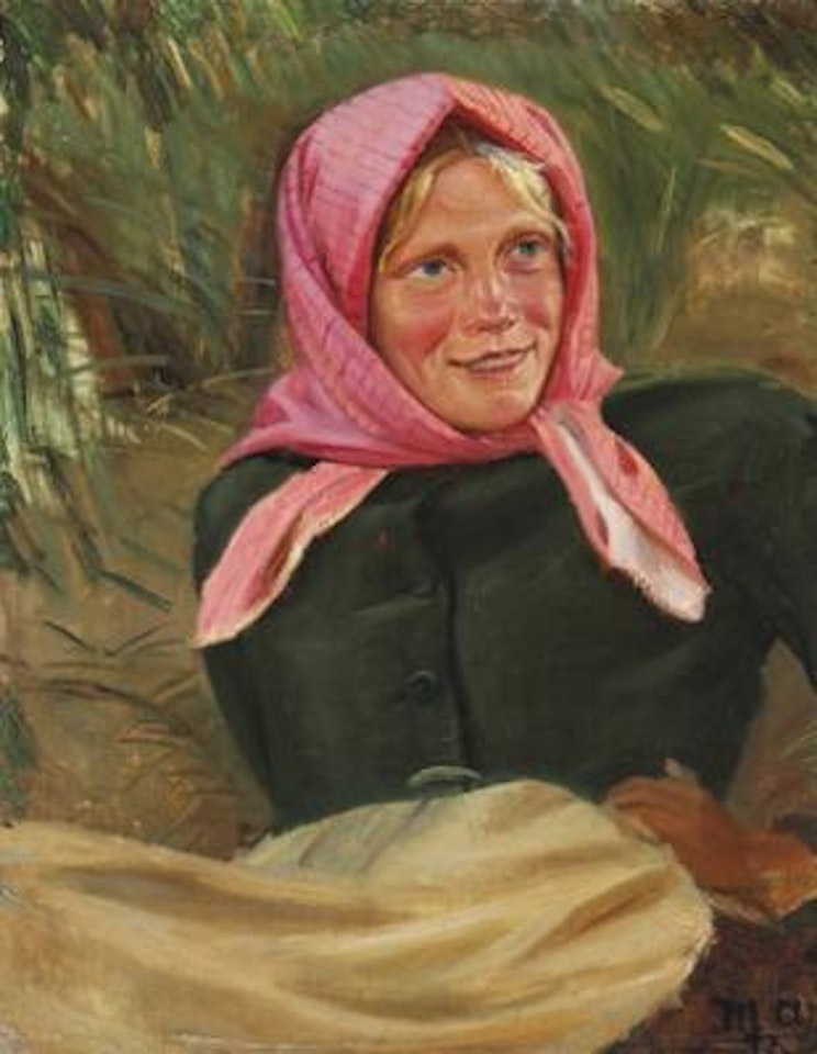 "Smilende fiskerpige set forfra". Smiling daughter of a fisherman. A study for "Fiskerpiger, der en Sommeraften ere samlede paa Sladrebakken" (Fishermen's daughters gathered a summer evening at Sladrebakken) ,
1878 by Michael Ancher