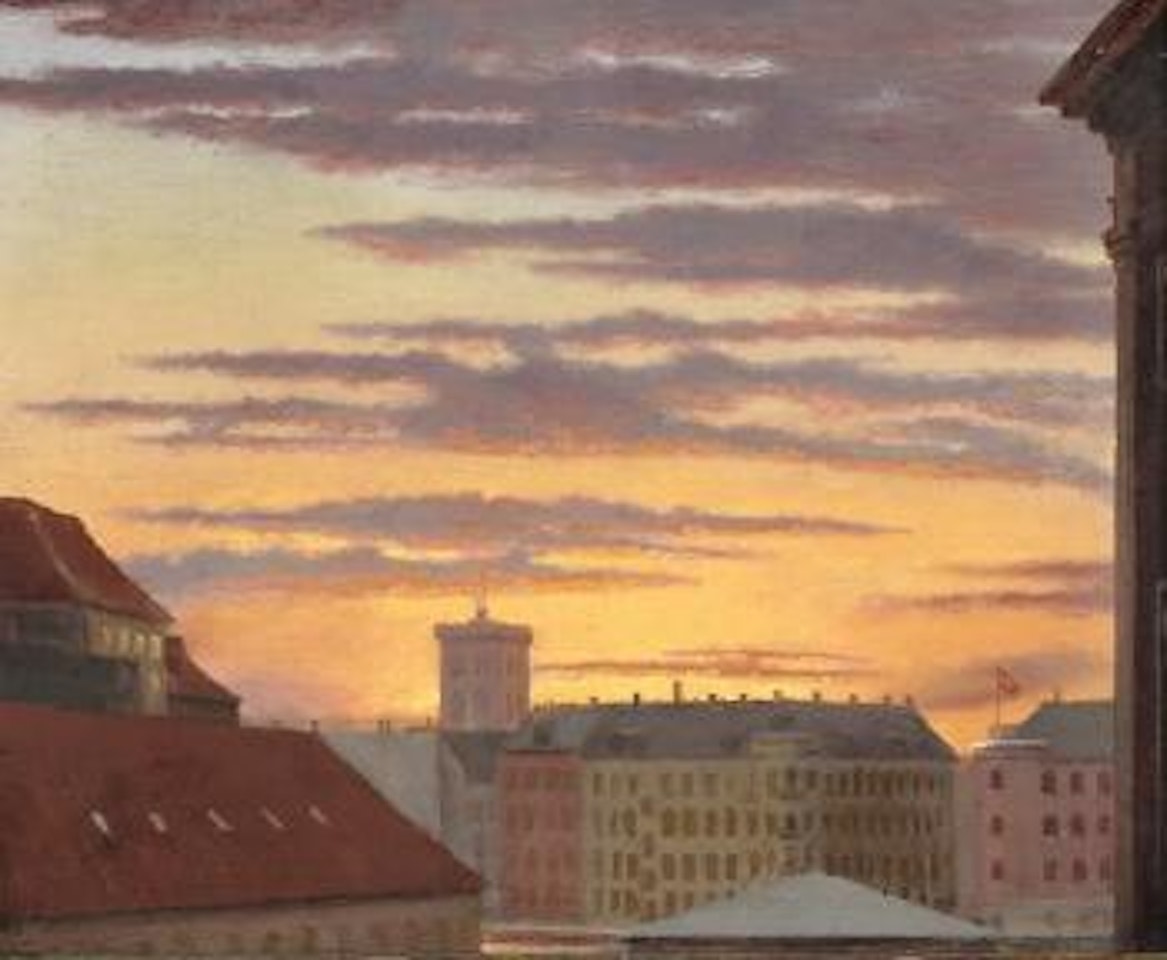 "Udsigt over Tage mod Havnegade og Nikolai Taarn. Urolig Luft med store Skymasser over Baggrunden". View over the roofs towards Havnegade and the tower of Nikolaj church on a windy day with clouds in the sky by Peder Severin Kröyer
