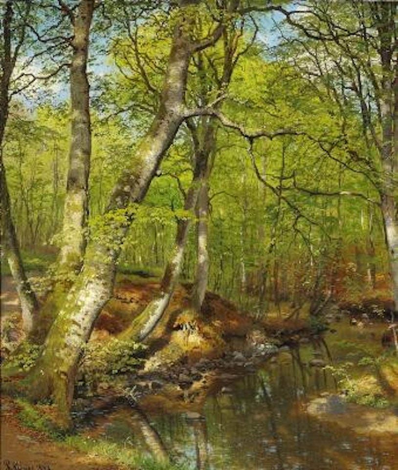 A stream in a spring forest with new-leaved beech trees by Peder Mork Monsted