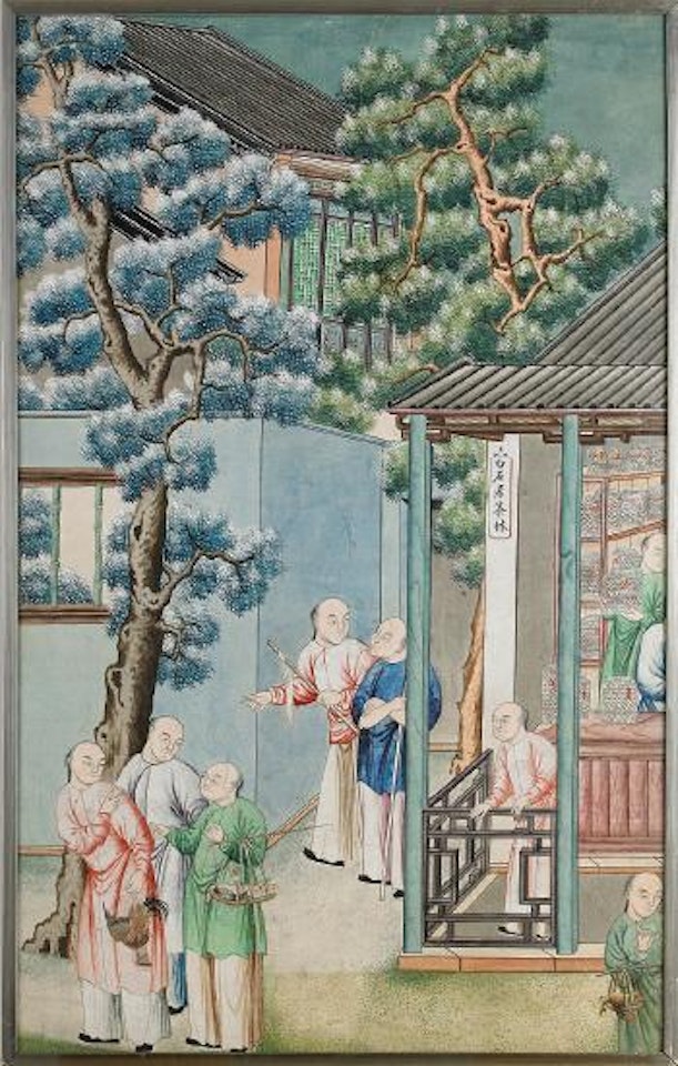 Several men in a courtyard, a small store with sign 'The Tea Forest at Baishis home', with vendors selling baskets , by Chinese School