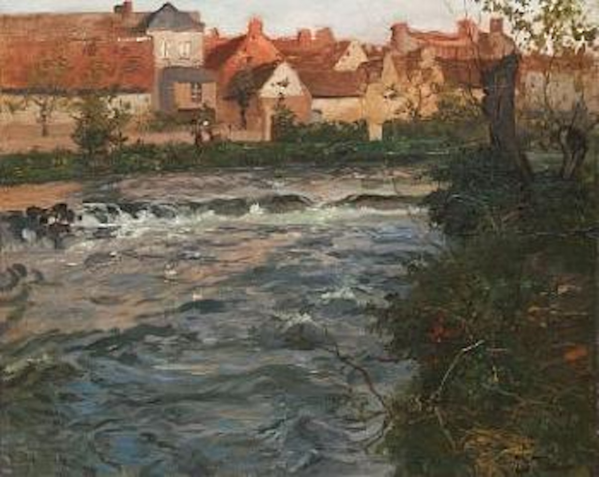Elvelandskap med bebyggelse , by Fritz Thaulow
