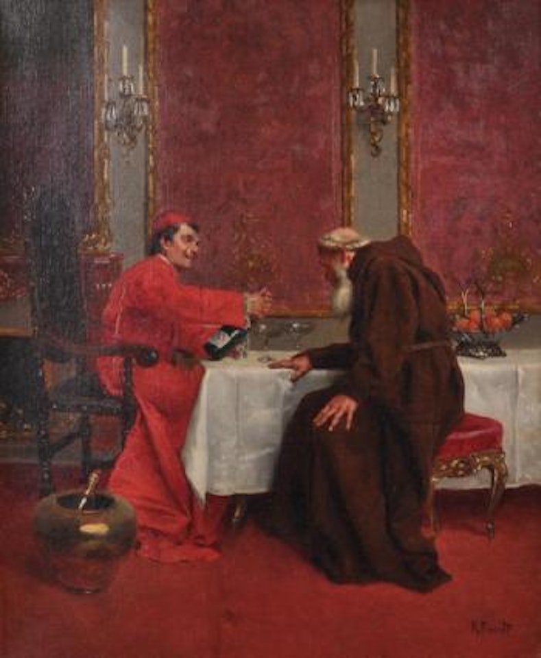An Elegant Interior, with a Bishop and a Monk, Opening a Bottle of Champagne , by Rudolf Ernst