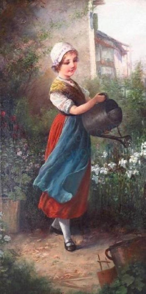 Young girl with watering can , by Edmund Adler
