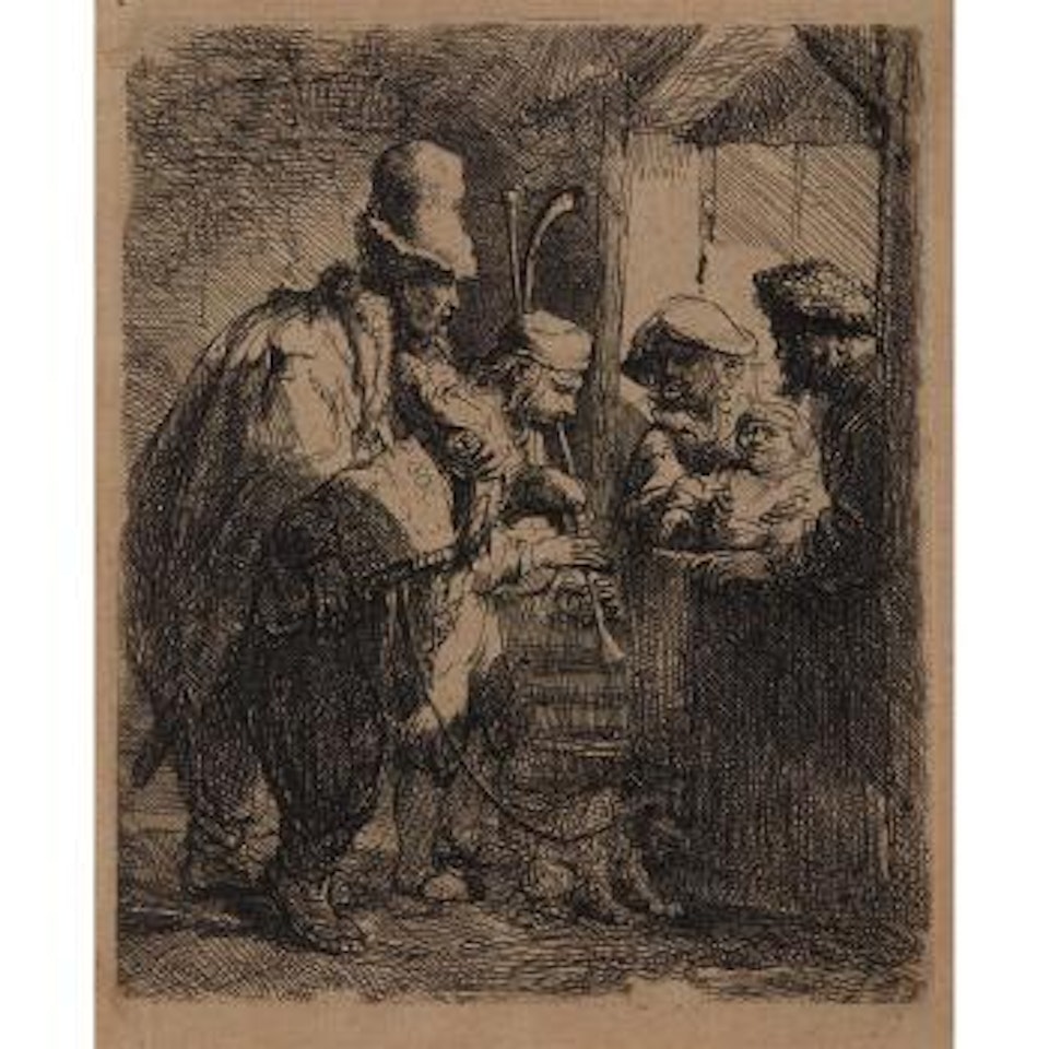 The strolling musicians ,
Circa
1635 by Attributed to Rembrandt Harmensz van Rijn