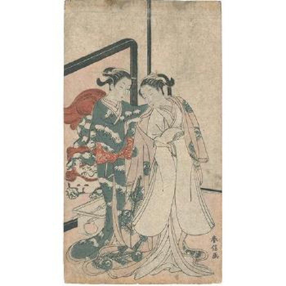 Les cinq vertus, décorum (rei), kamuro aidant son oiran à, s'habiller devant un paravent au décor de shishi ,
Circa
1769 by Suzuki Harunobu