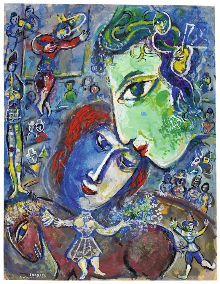 LE CIRQUE OR LES DEUX GRANDS VISAGES VERT ET BLEU AU CIRQUE by Marc Chagall