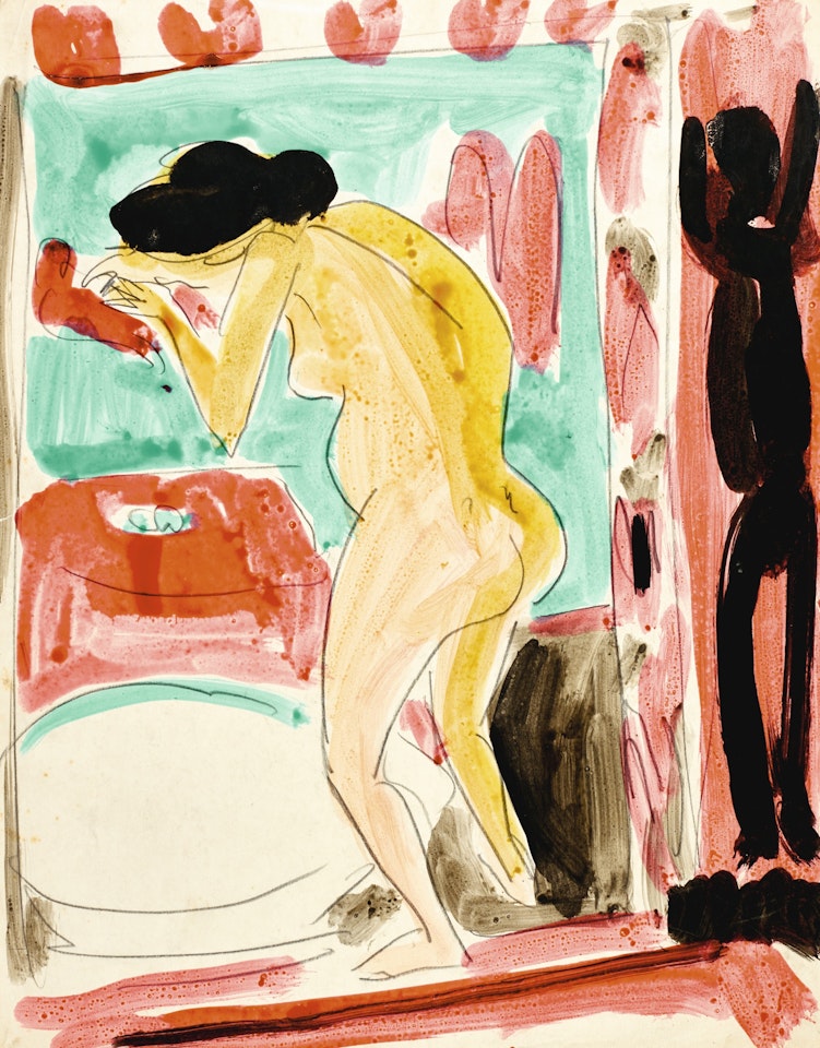 GELBER AKT VOR EINEM BADETUB (YELLOW NUDE BY THE BATH TUB) - RECTO ZWEI WEIBLICHE AKTE (TWO FEMALE NUDES) - VERSO by Ernst Ludwig Kirchner