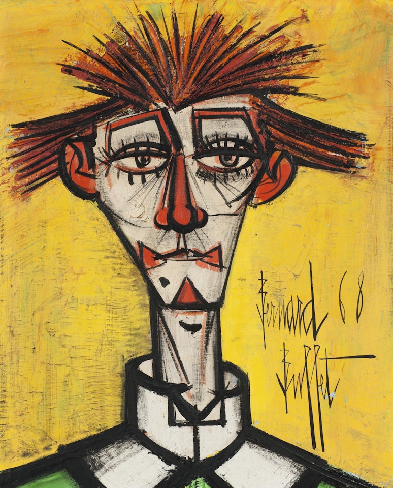 TÊTE DE CLOWN AUX CHEVEUX HIRSUTES, FOND JAUNE by Bernard Buffet