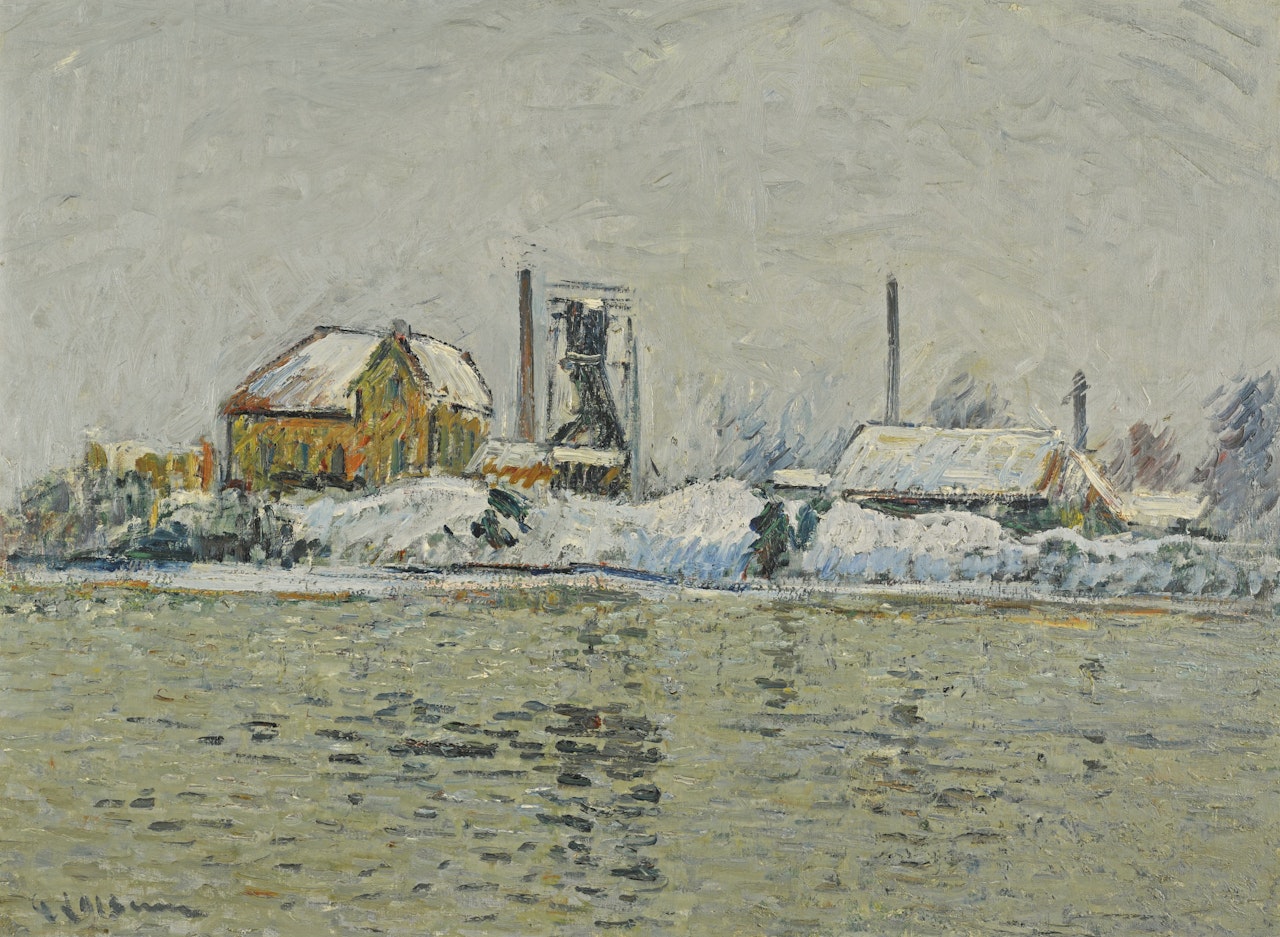 USINE AU BORD DE L'OISE, EFFET DE NEIGE by Gustave Loiseau