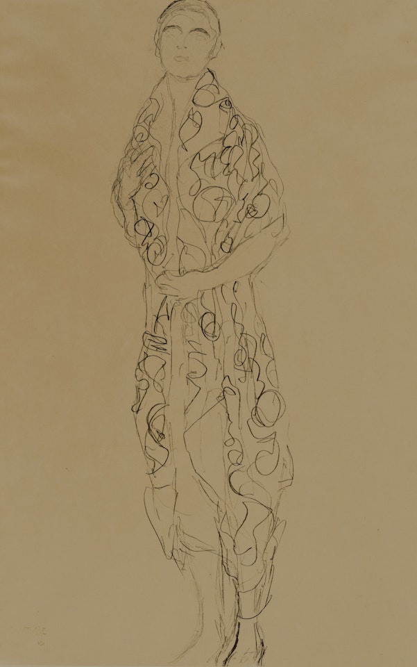 STEHENDE ETWAS NACH LINKS, MIT GEMUSTERTEM UMHANG (STANDING WOMAN TURNED SLIGHTLY TO THE LEFT WITH A PATTERNED SHAWL) by Gustav Klimt