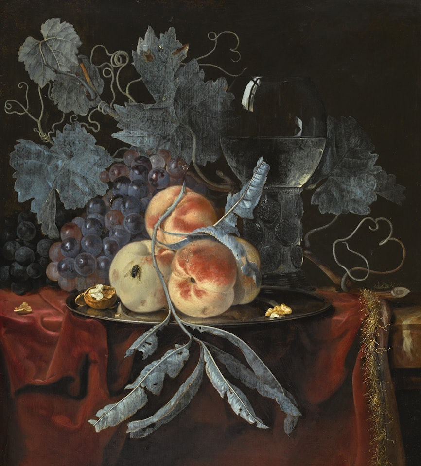 STILL LIFE WITH PEACHES AND GRAPES ON A PEWTER PLATE, WITH A WALNUT, AND A GLASS ROEMER, ALL ON A DRAPED TABLE by Willem van Aelst