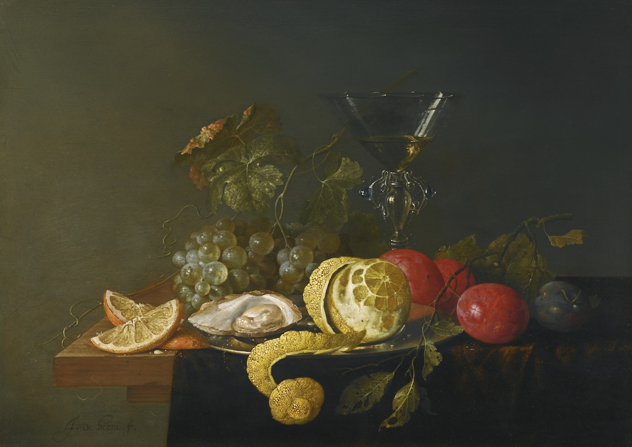 Still Life With a Peeled Lemon, Oyster and a Silver Plate With Grapes, Plums and a Façon-de-venise Glass Filled With White Wine, All on a Wooden Table Partially Draped With a Green Cloth
 by Jan Davidsz de Heem