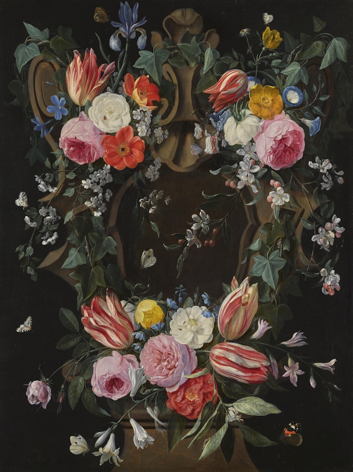 AN IVY COVERED SCULPTED CARTOUCHE ADORNED WITH FLOWERS INCLUDING ROSES, TULIPS, LILIES, BLOSSOM AND AN IRIS by Jan Van Kessel The Elder
