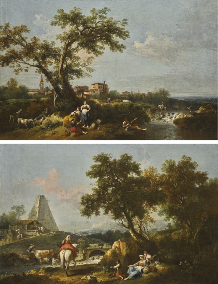LANDSCAPE WITH A RIVER, A SHEPHERD, WASHERWOMEN AND A FISHERMAN ON THE BANK, A TOWN BEYOND LANDSCAPE WITH A PYRAMID BESIDE A RIVER AND A BRIDGE, WITH A DROVER, AND A LADY ON HORSEBACK PASSING A FAMILY ON THE BANK by Francesco Zuccarelli