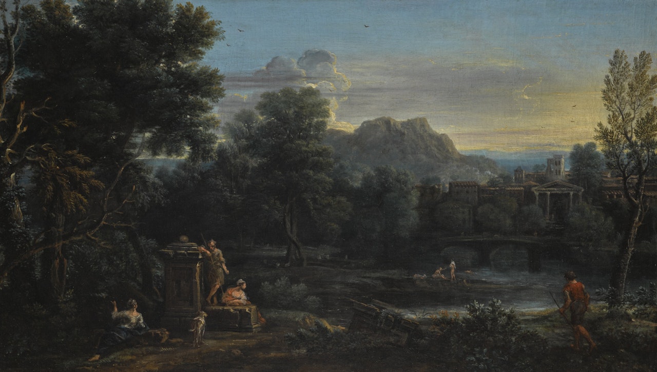 A WOODED CLASSICAL LANDSCAPE WITH FIGURES RESTING IN THE FOREGROUND AND BATHING IN THE RIVER, A TOWN BEYOND by John Wootton