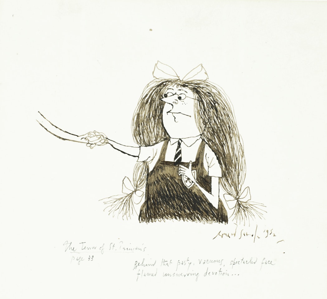 BEHIND THAT PASTY, VACUOUS, SPECTACLED FACE FLAMED UNSWERVING DEVOTION.. by Ronald Searle