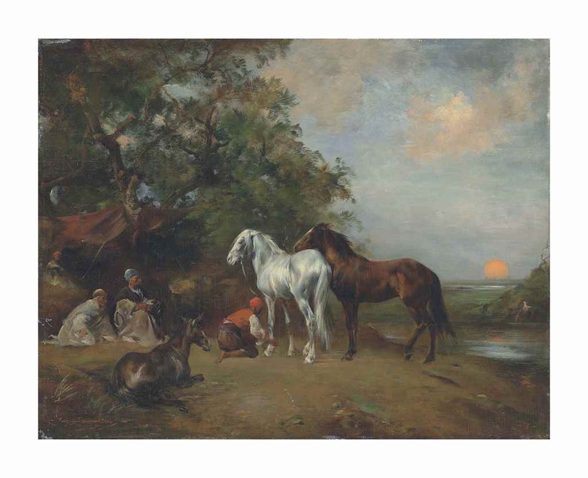 Coucher de soleil: Arabe attelant un cheval brun er un cheval blanc by Eugene Fromentin
