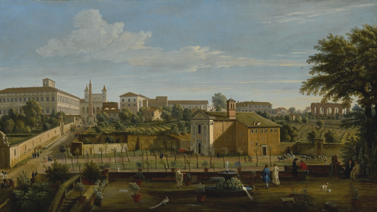 ROME, A VIEW OF THE CHURCH OF SANTI MARCELLINO E PIETRO, FROM THE VIGNA CICCOLINI, WITH THE PALAZZO LATERANO, THE CHURCH OF SAN GIOVANNI IN LATERANO, THE OSPEDALE DI SAN GIOVANNI AND RUINS OF THE CLAUDIAN AQUEDUCT BEYOND by Gaspar van Wittel