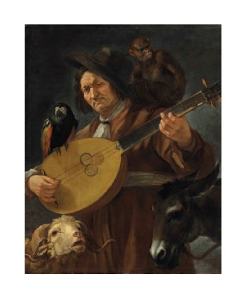 An Allegory: a man playing the calascione surrounded by a monkey, a parrot, a donkey and a ram by Circle of Luca Giordano