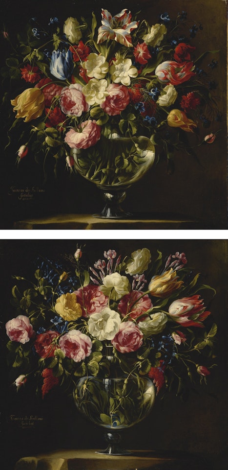 A PAIR OF STILL LIFES OF ROSES, VARIEGATED TULIPS, PEONIES AND OTHER FLOWERS IN CRYSTAL VASES by Juan de Arellano