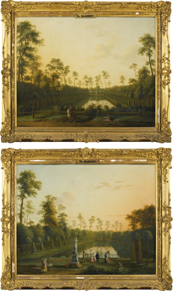 A VIEW OF THE VENUSBASSIN, TIERGARTEN, BERLIN, WITH ELEGANTLY-DRESSED FIGURES; A VIEW OF THE VENUSBASSIN, TIERGARTEN, BERLIN, WITH A GENTLEMAN ON HORSEBACK by Jacob Philipp Hackert