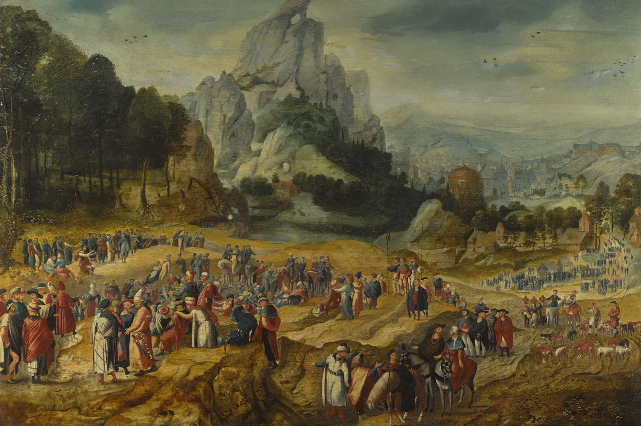 AN EXTENSIVE LANDSCAPE WITH THE PREACHING OF SAINT JOHN THE BAPTIST AND THE BAPTISM OF CHRIST by Herri met de Bles
